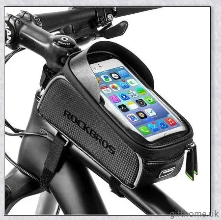 Premium waterproof bicycle handlebar bag with touch screen access, made of durable nylon and TPU carbon fabric for weather protection and convenient device control.