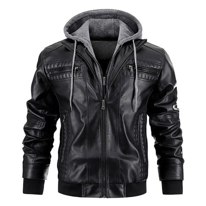 A stylish hooded PU jacket in black, designed for warm winter wear with practical features and a tailored fit.