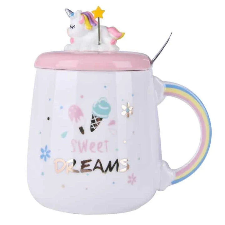 Premium ceramic unicorn coffee mug with 3D lid and stainless steel spoon for a magical daily beverage experience