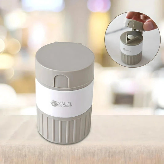 4-in-1 Portable Pill Grinder and Cutter with Pill Cutting Grid, Tablet Grinding Mechanism, and Tiered Storage Compartments