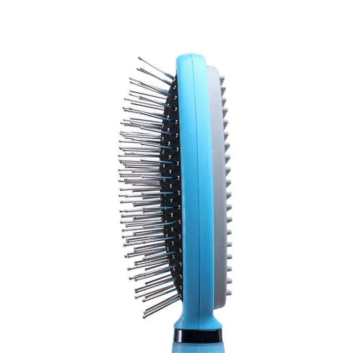 Dual-sided pet grooming and massage brush with soft bristles and metal pins for effective coat care and relaxation