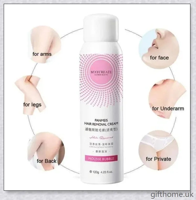 100% Natural Hair Removal Spray that gently dissolves unwanted body hair, leaving skin soft and smooth