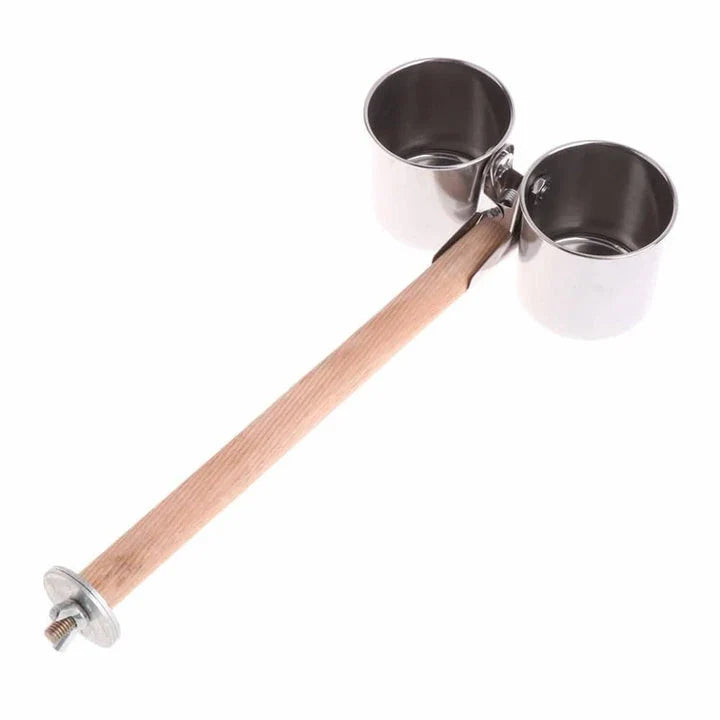 Elegant stainless steel bird feeder with dual cups and secure clip for easy installation in garden or outdoor space