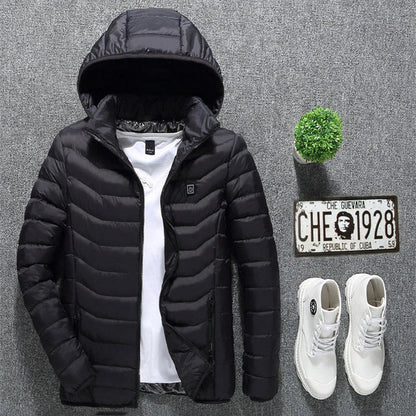 A stylish heated jacket with a removable hood, designed for warmth and comfort in chilly British weather.