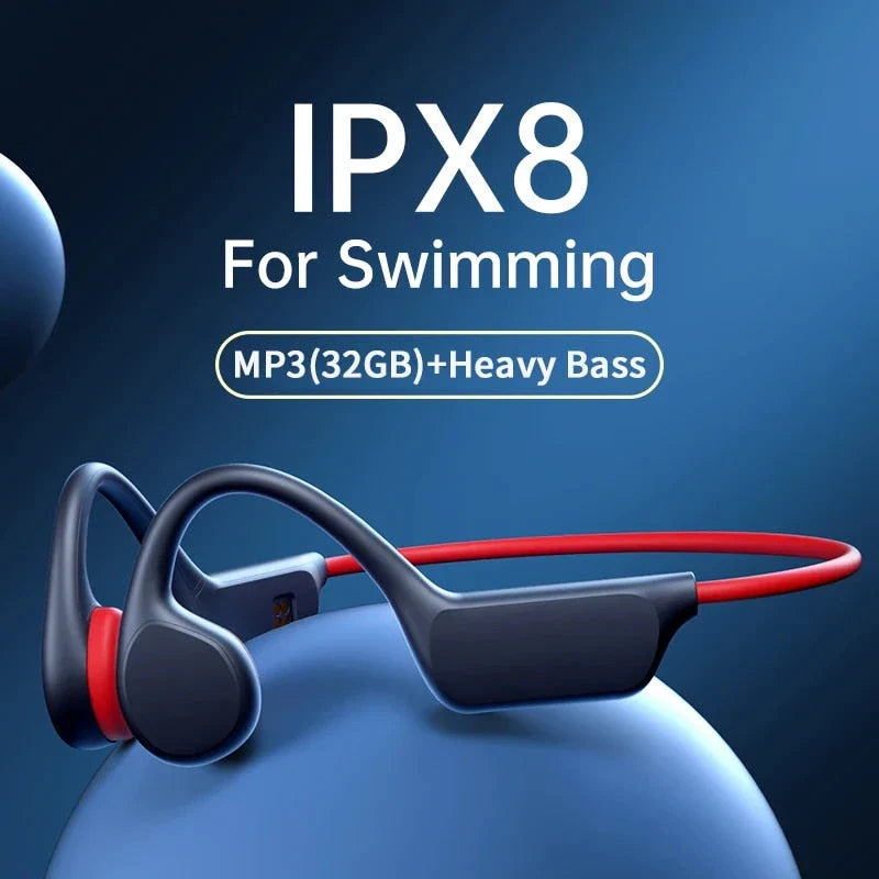 Bone conduction wireless earphones with integrated MP3 player, Bluetooth 5.3, and waterproof IPX8 design