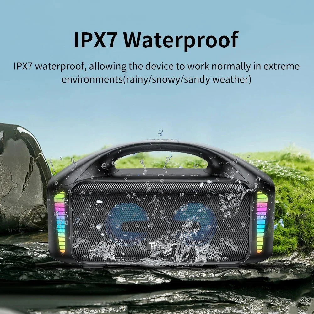 Premium 90W outdoor Bluetooth speaker with powerful sound, 30-hour playtime, and mesmerizing LED lights
