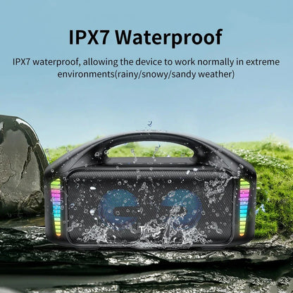Premium 90W outdoor Bluetooth speaker with powerful sound, 30-hour playtime, and mesmerizing LED lights