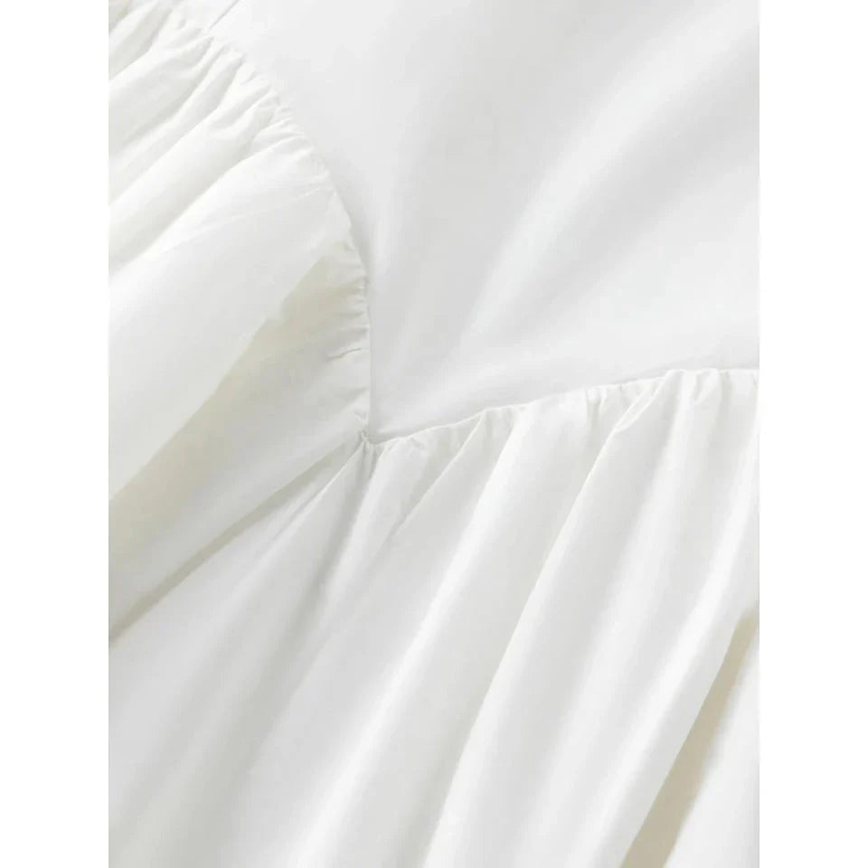 Elegant French White Suspender Long Dress with a relaxed A-line silhouette and premium cotton fabric