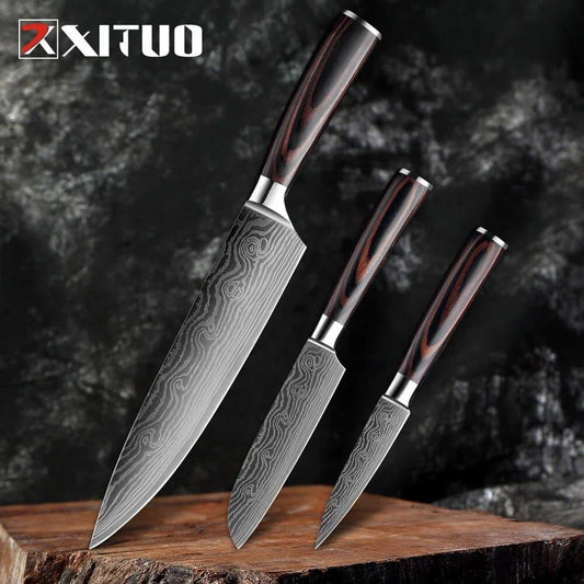 A set of three Japanese-style chef knives with stainless steel blades and ergonomic handles, perfect for slicing, dicing, and mincing in the kitchen.
