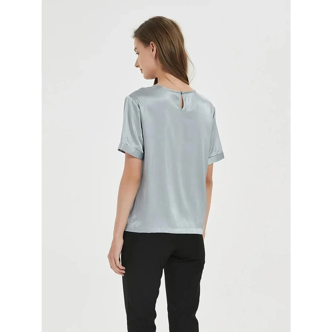 Elegant navy silk t-shirt with a classic, versatile design for the modern British woman's summer wardrobe