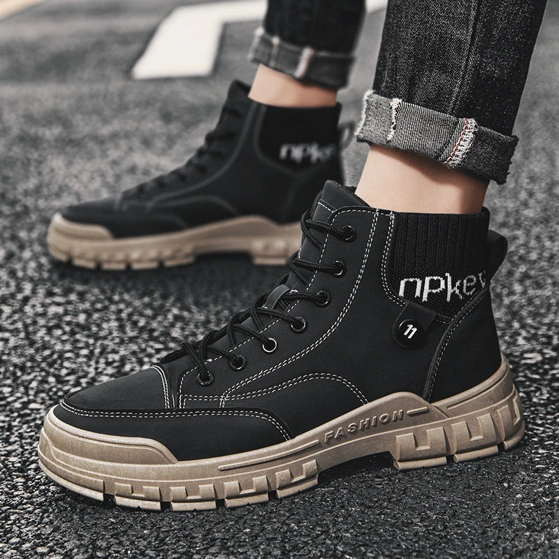 Stylish high-top Martin boots for men in black, brown, and grey colours