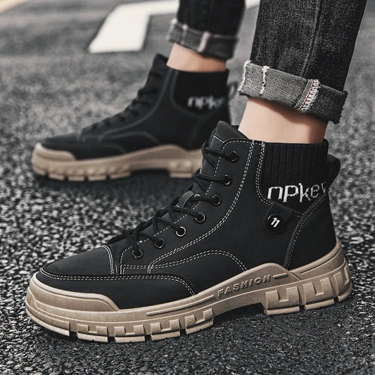 Stylish high-top Martin boots for men in black, brown, and grey colours