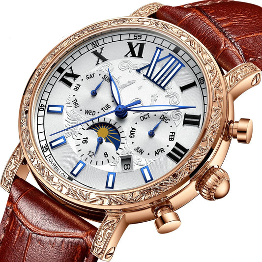 Luxury automatic mechanical watch with night glow, lunar phase indicator, and genuine leather strap