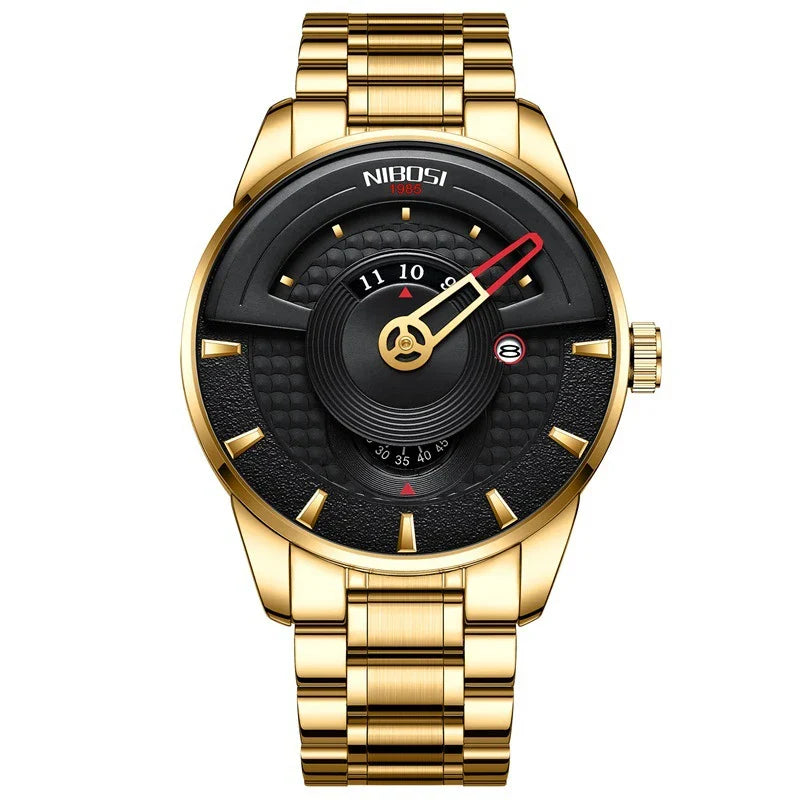 Premium gold-black quartz waterproof watch with alloy case and solid steel strap