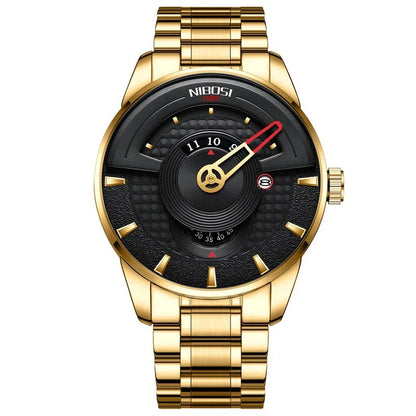 Premium gold-black quartz waterproof watch with alloy case and solid steel strap