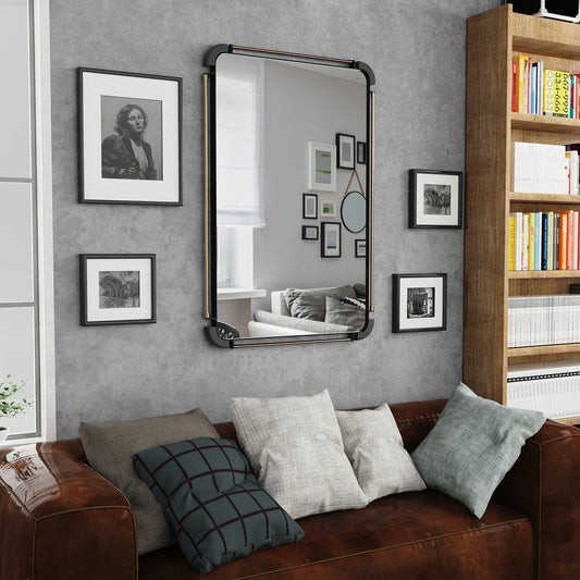 Vintage Industrial Black Metal Pipe Wall Mirror - Rectangular mirror with distressed metal pipes for a timeless, retro look
