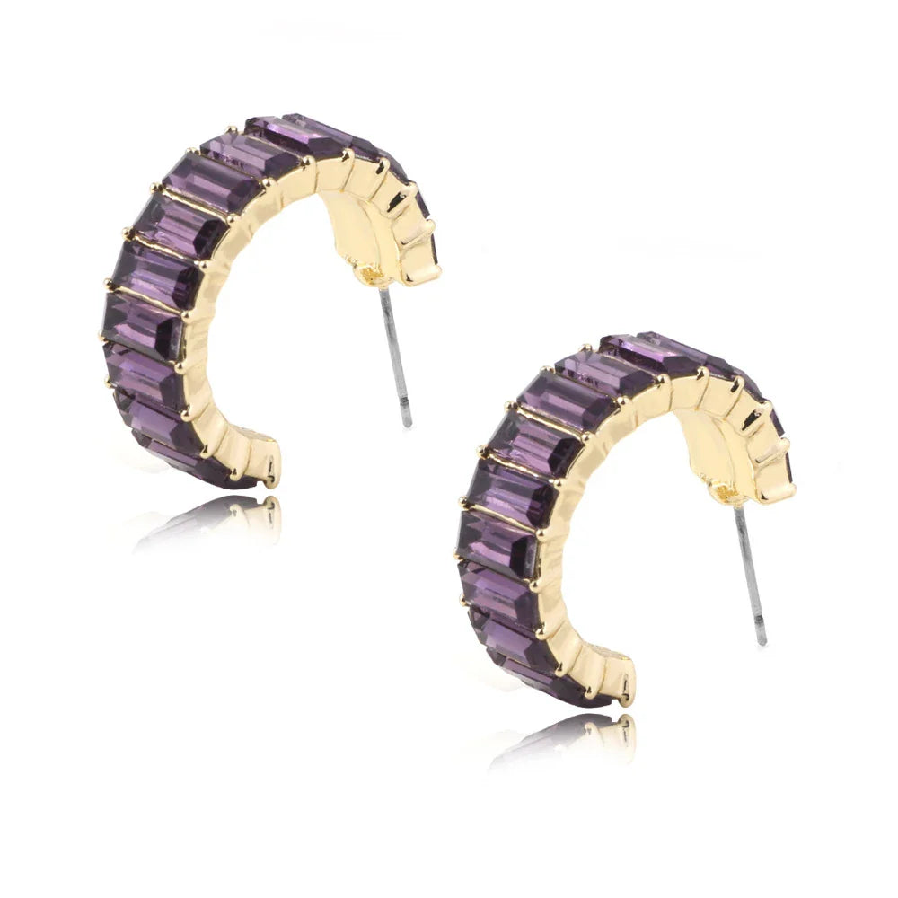 Multicolour glass diamond C-shaped earrings with alloy-inlaid artificial gems and semi-precious stones