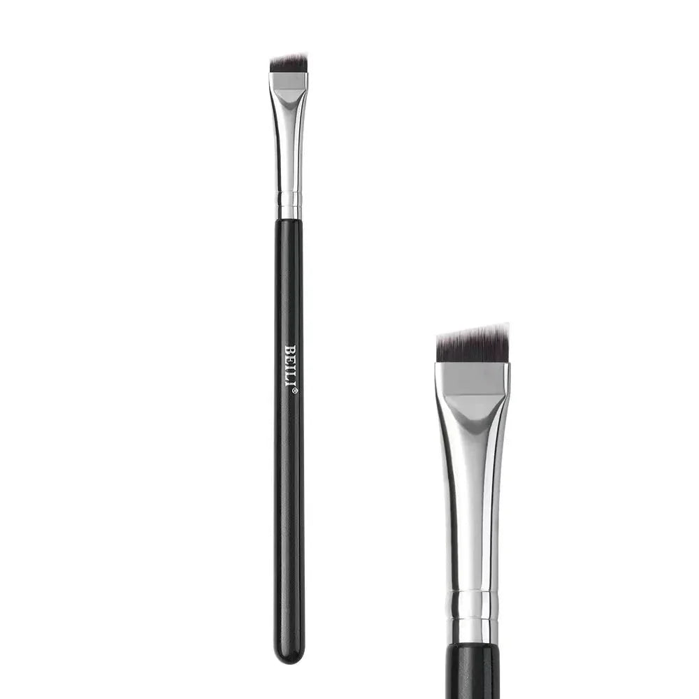 Professional black eyebrow and eyeliner makeup brush with sleek wooden handle for precise, salon-quality results