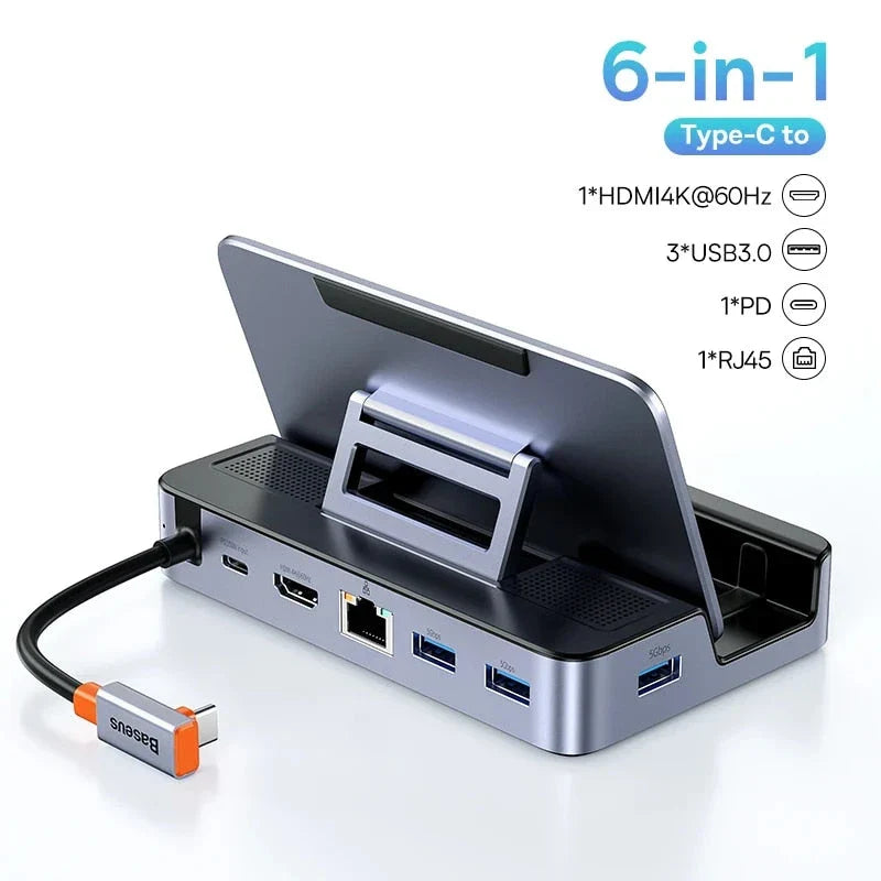 Premium 6-Port Type-C Docking Station with HDMI 4K@60Hz, USB 3.0, Gigabit Ethernet, and 100W Charging