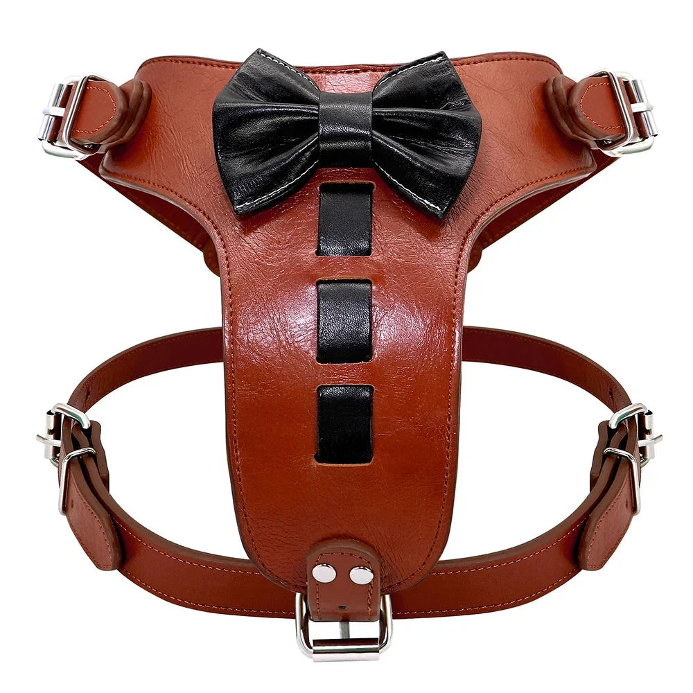 Premium genuine leather dog harness with a charming bowknot accessory, designed for medium to large breed dogs