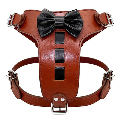 Premium genuine leather dog harness with a charming bowknot accessory, designed for medium to large breed dogs