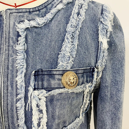 Trendha denim jacket with fringe stitching, lion head buckle, and slim-fit silhouette