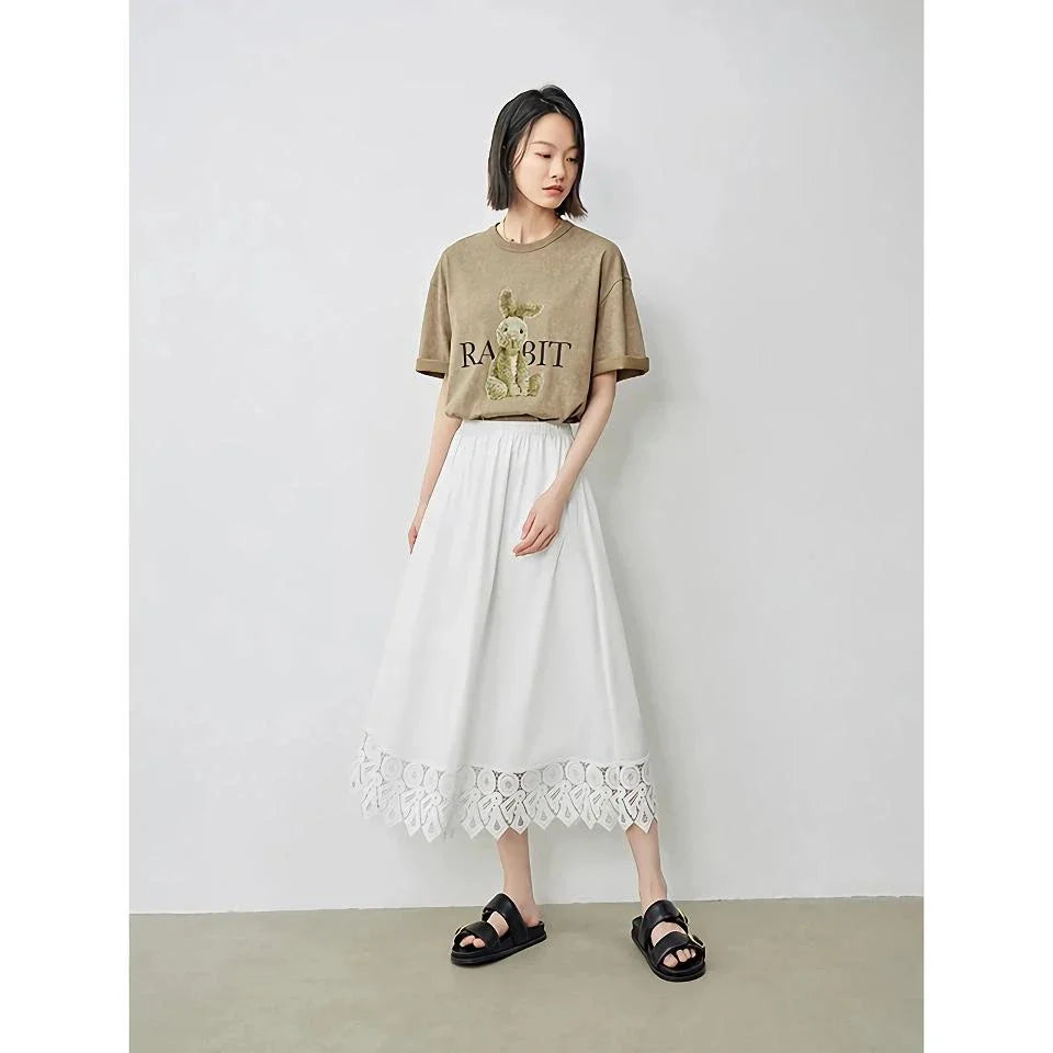 Elegant lace-spliced A-line midi skirt in beige, suitable for various occasions