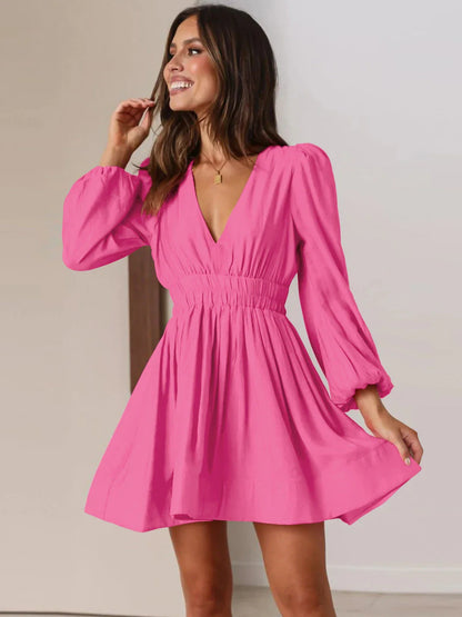 Elegant V-Neck Pleated Dress for Stylish Women - Crafted with Premium Polyester, Flattering Silhouette, Delicate Ruffles