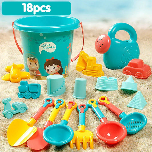 Vibrant 18-piece kids' beach and sand playset with colourful sand toys and shovel