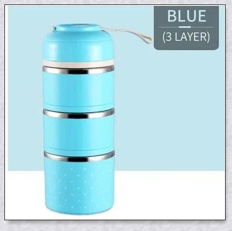 Insulated Hot Food Thermos Lunchbox Tower with multi-layer design and choice of green, pink, blue, or gray colour