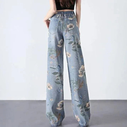A pair of stylish painted wide-leg jeans in a high-waist design for a slimming and flattering silhouette