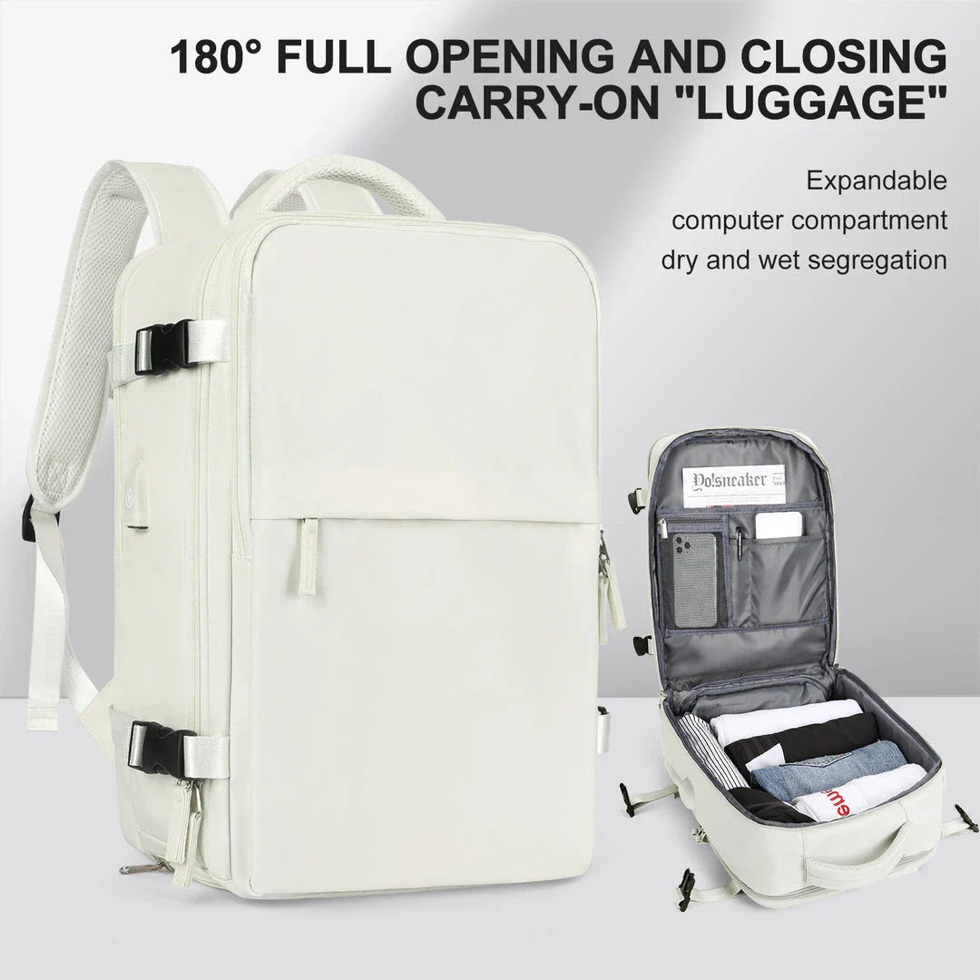 A premium white travel backpack with multiple compartments, designed for airline carry-on approval and weather protection.