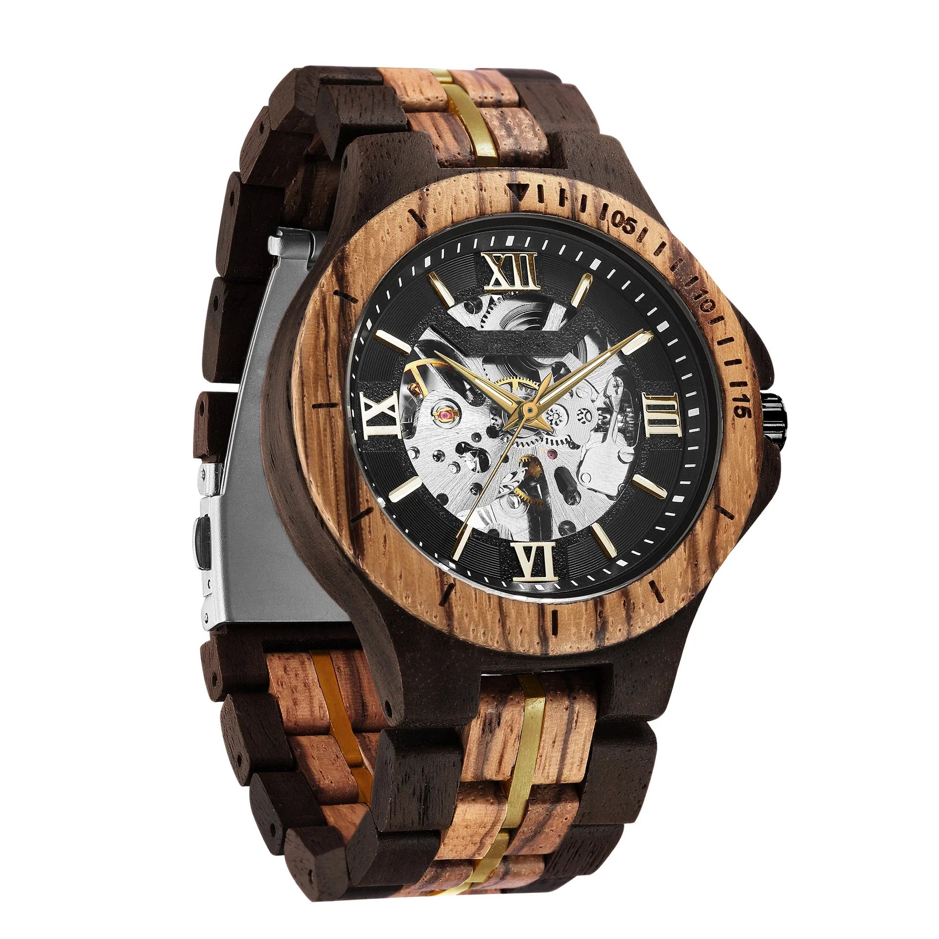 Premium handcrafted wooden automatic watch with intricate mechanical movement and natural wood strap