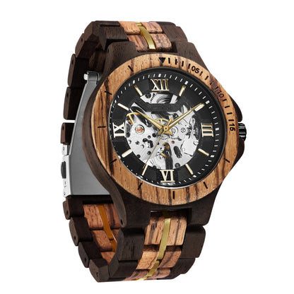 Premium handcrafted wooden automatic watch with intricate mechanical movement and natural wood strap