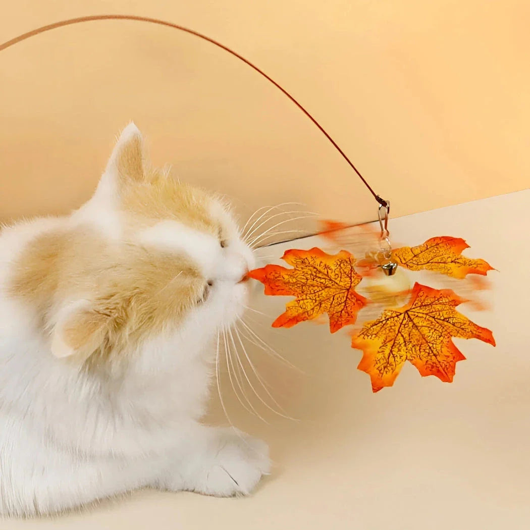 Interactive Rotating Leaf Cat Teaser Toy with Wooden Handle and Steel Wire for Engaging Cat Play and Exercise