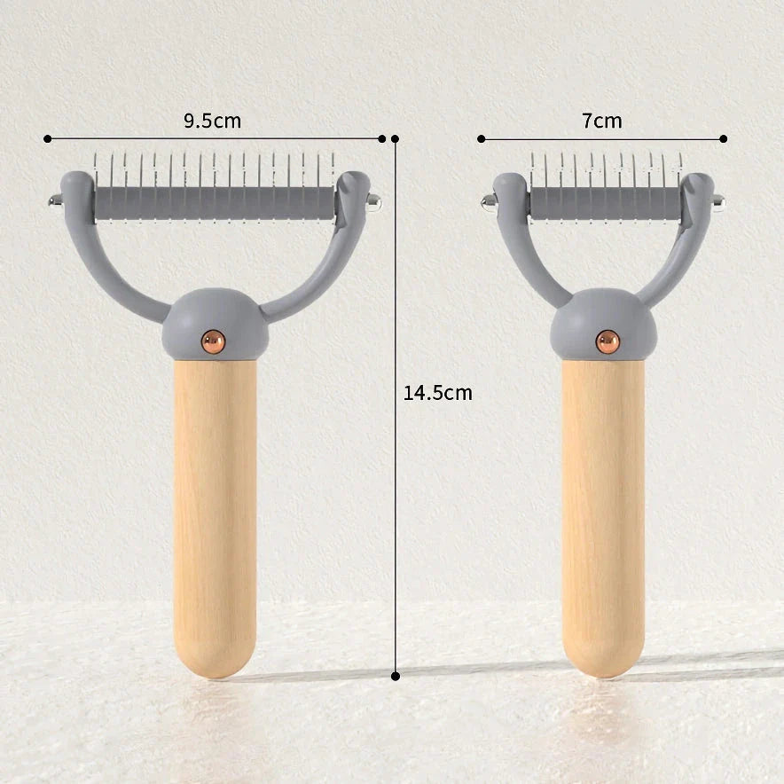 Double-sided pet hair comb with stainless steel blades and ergonomic wooden handle for effective grooming