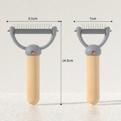 Double-sided pet hair comb with stainless steel blades and ergonomic wooden handle for effective grooming