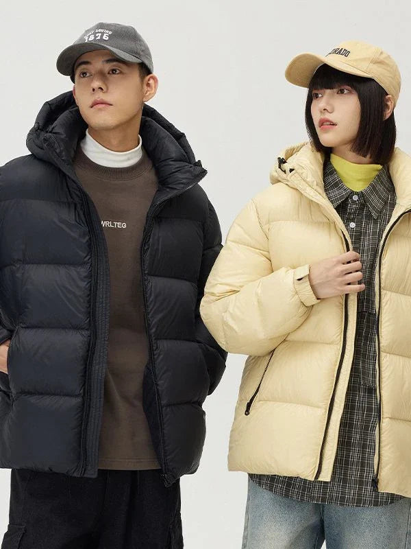 A stylish and warm down jacket with a hooded design, perfect for winter weather.