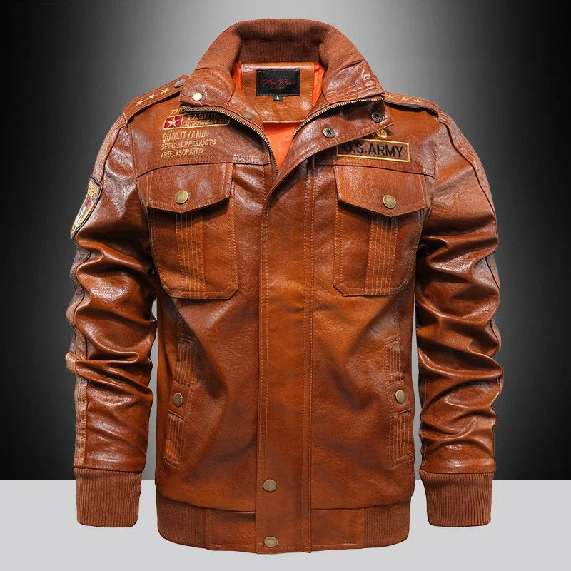 Premium leather jacket for men in slim-fit and short style with stand-up collar and multiple pockets
