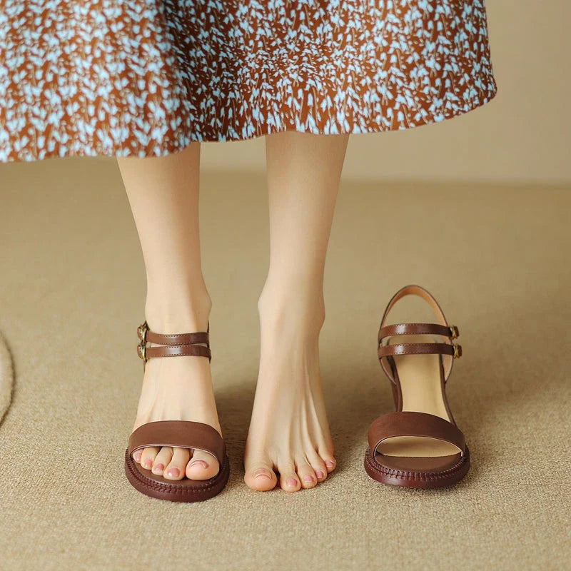 Elegant retro high heel leather sandals in khaki colour, with a sleek design and premium leather construction