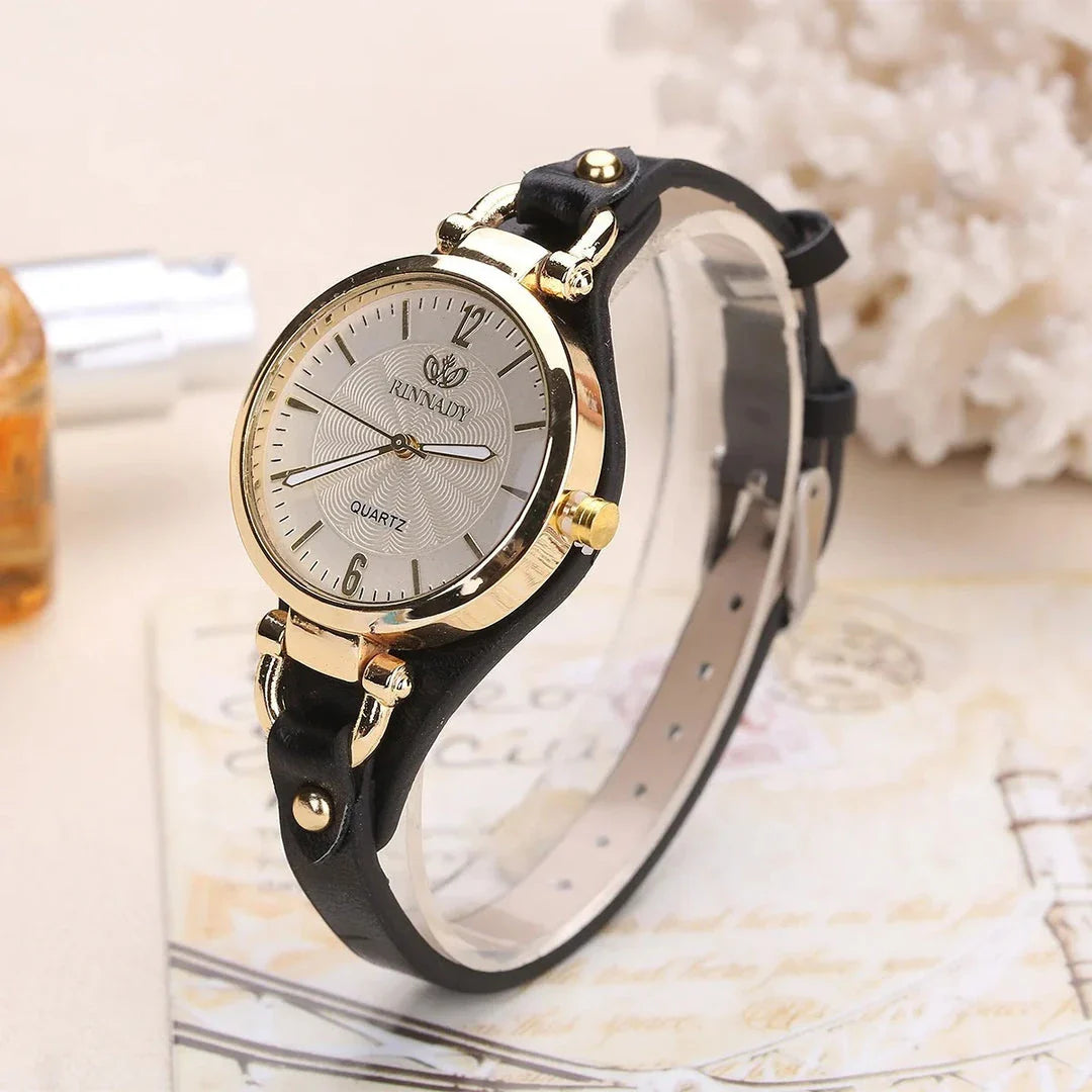 Elegant leather strap quartz watch with a sleek alloy case and durable glass dial for everyday elegance