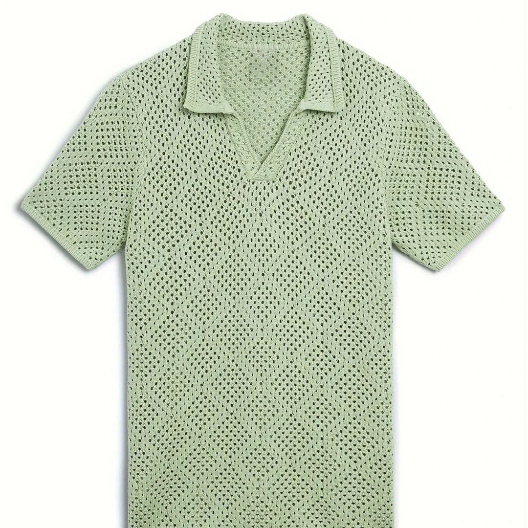 Premium quality men's knitted summer shirt in green, navy, and beige colours with a classic pullover design