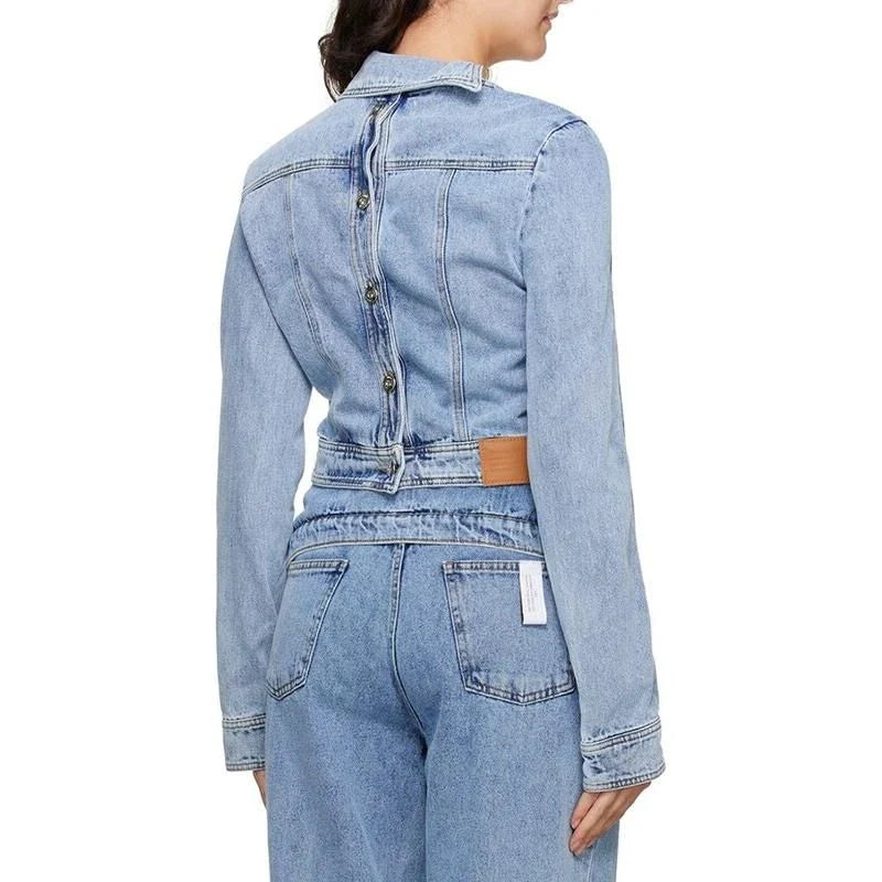 Stylish patchwork denim jacket with unique design and irregular hem, perfect for spring and summer in the UK