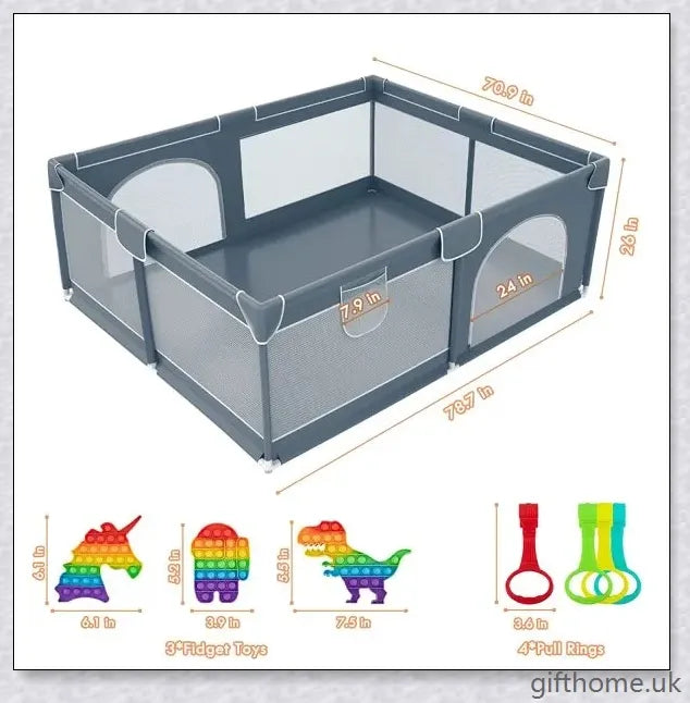 A large, breathable playpen with mesh sides for indoor and outdoor use, providing a safe and comfortable space for babies to play.