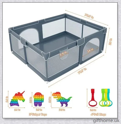 A large, breathable playpen with mesh sides for indoor and outdoor use, providing a safe and comfortable space for babies to play.