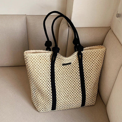Premium large capacity woven straw beach tote in beige colour with stylish knitted pattern