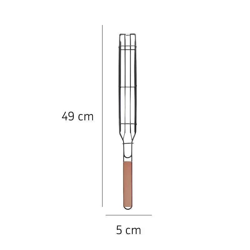 Portable nonstick BBQ grilling basket made of durable steel wire and wood, perfect for outdoor cooking and grilling
