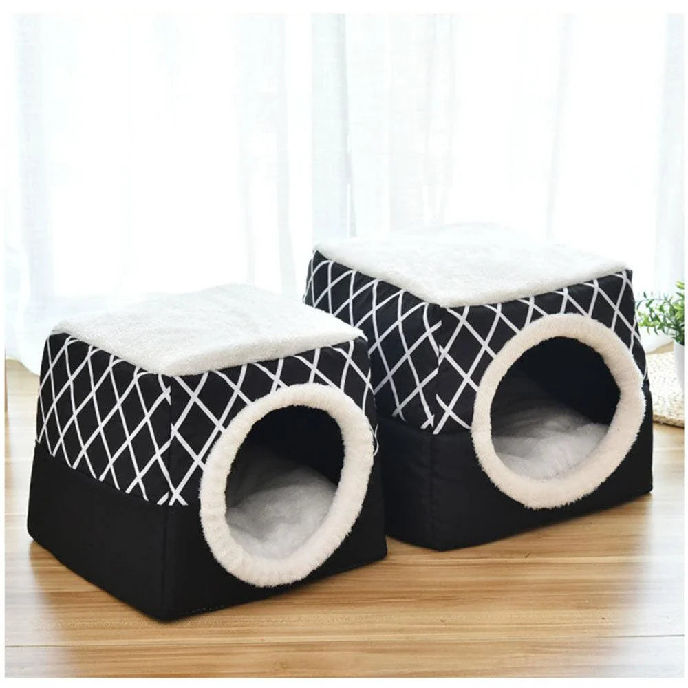 Cosy collapsible cat house and bed made with soft fleece material for comfortable lounging and relaxation for indoor cats