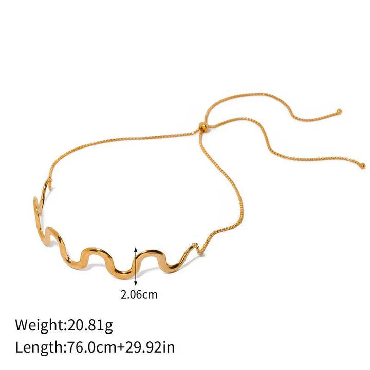 Elegant 18K gold-plated stainless steel wave bracelet and necklace set for women, showcasing a unique contemporary design with adjustable drawstring closure
