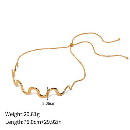Elegant 18K gold-plated stainless steel wave bracelet and necklace set for women, showcasing a unique contemporary design with adjustable drawstring closure